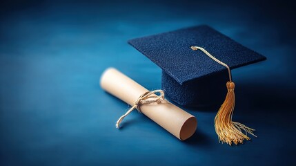 Graduation Cap and Diploma on Blue Background, Symbolizing Academic Achievement and the Concept of Commencement.