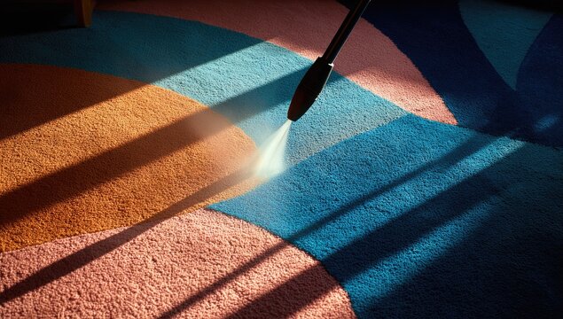 Carpet cleaning in progress. Sunlight highlights colored carpet patterns.  Steam cleaner nozzle sprays water
