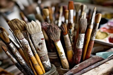 Close-up of many used paintbrushes in jars