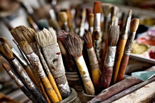 Close-up of many used paintbrushes in jars