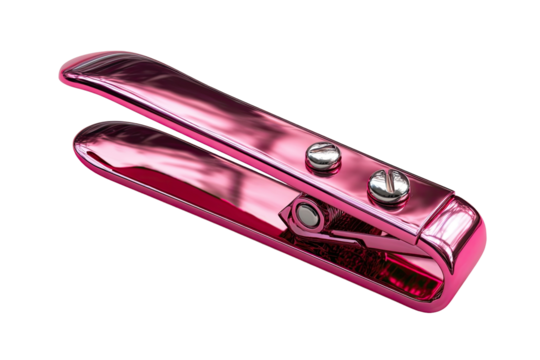Pink, metallic hair straightener.  Shiny, sleek design.  Clamshell style - Powered by Adobe