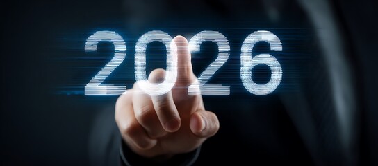 Future visionary touching the year 2026 on a digital screen