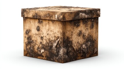 Decay of a moldy wooden box studio setting still life photography close-up view concept of neglect and time