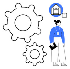 Two gears depict machinery and process. A woman holds a clipboard with a warehouse icon, symbolizing teamwork, technology, and efficiency. Ideal for logistics, supply chain, manufacturing, teamwork