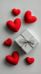 Obraz premium Gift Box Surrounded by Red Heart Decorations for a Celebration of Love.