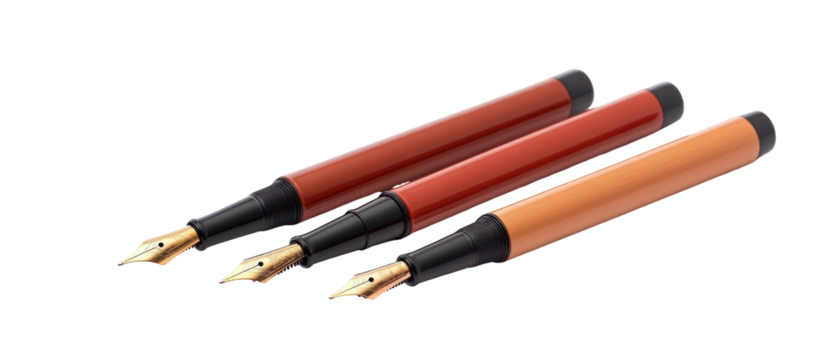 Elegant Fountain Pens Displayed Against A Transparent Background Featuring Brown And Gold Tones Highlighting Writing Instruments