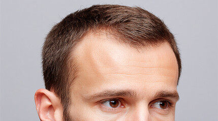 Obraz premium Young man with short brown hair and brown eyes looking thoughtfully to side against plain gray background
