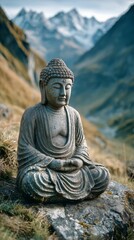 Fototapeta premium Serene Buddha Statue Overlooking Majestic Mountains at Sunrise.