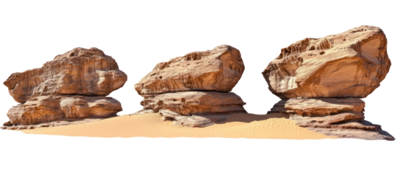 Three Unique Balanced Rock Formations on Sand with a Transparent Background Displaying Textured Details
