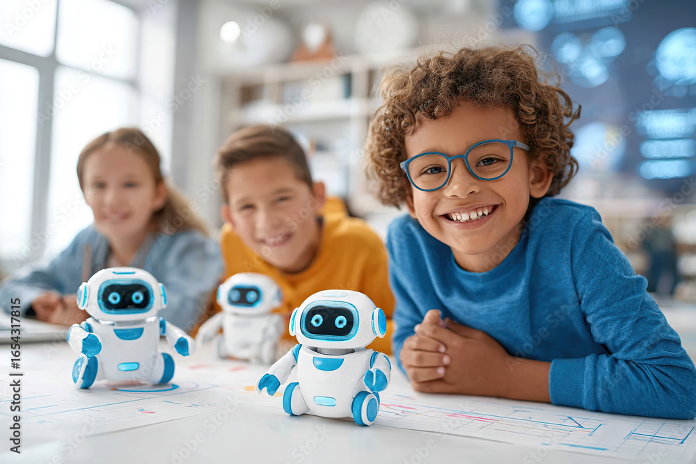 Poster humanoid robots assist children in interactive learning environment at classroom