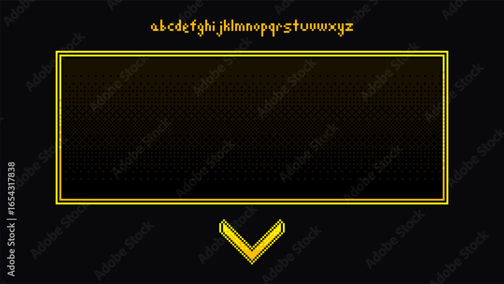 Poster pixel font alphabet with text frame and down arrow on dark background