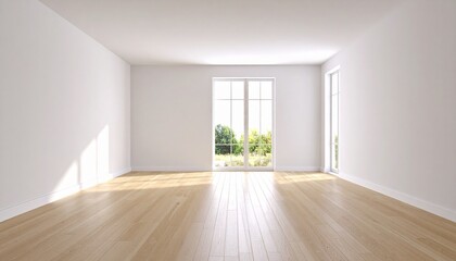Sunlit empty room with pristine white walls, polished wooden floors, and a view of a lush green garden