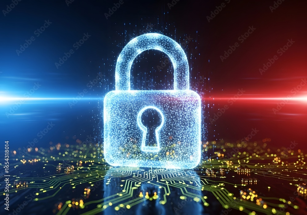 Poster glowing digital padlock symbolizing cybersecurity and data protection in a futuristic network enviro