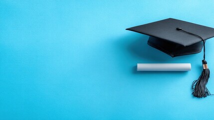Graduation Cap and Diploma on Blue Background, Symbolizing Academic Achievement and the Concept of Commencement.