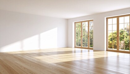 Fototapeta premium Bright and spacious empty room with polished hardwood floor and large windows overlooking a sunny garden. Modern home interior background.