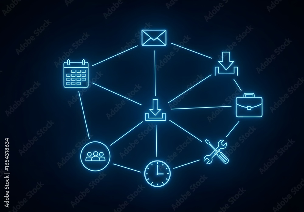 Poster abstract digital network connecting various business and communication icons with a central hub