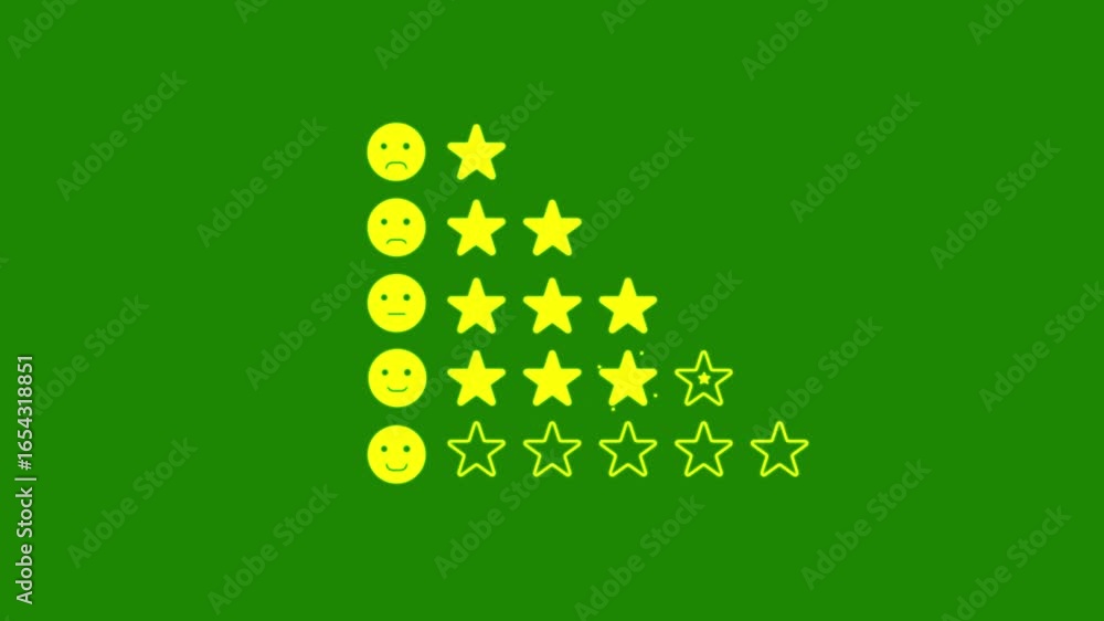 Poster creative rating animation with smiley faces and stars showing customer feedback levels from poor to 