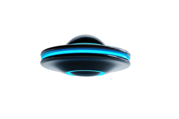 A stylized, dark gray, flying saucer, with glowing, teal-blue rings