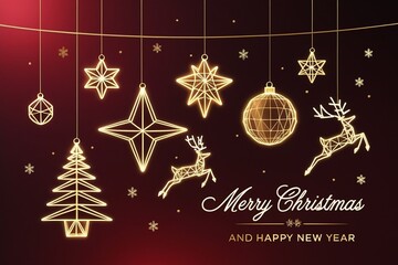 Golden Christmas Tree, Ornaments, Stars, and Reindeer Hanging on Red Background Merry Christmas Greeting AI-Generated