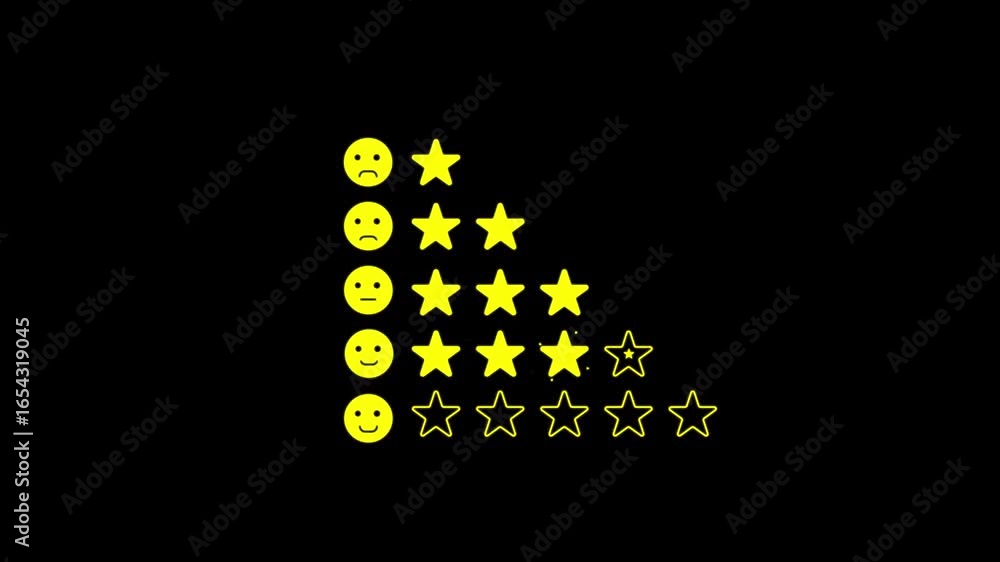 Poster creative rating animation with smiley faces and stars showing customer feedback levels from poor to 