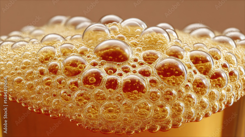 Poster extreme close up of tiny bubbles on amber liquid foam surface creating detailed texture with warm li