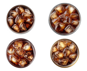 Sets of cola drinks. top view of soft soda isolated