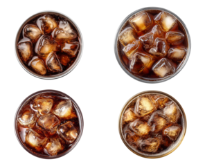 Sets of cola drinks. top view of soft soda isolated