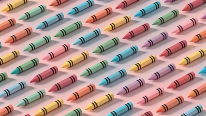Vibrant array of colorful wax crayons meticulously arranged in a dynamic diagonal pattern