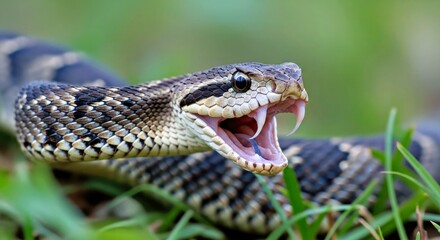 Naklejka premium Aggressive Macro Shot of Snake Fangs in High-Key Green Undergrowth