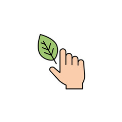 Hand Gently Touching a Single Green Leaf Icon.