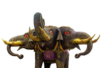 "Erawan Elephant" a three-headed elephant statue with red eyes, Isolated on transparent background
