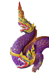 Purple Naga statue with intricate golden details, Isolated on transparent background