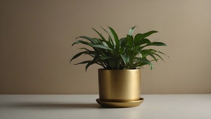 Minimalist Green Plant in Golden Pot with Blank Beige Card