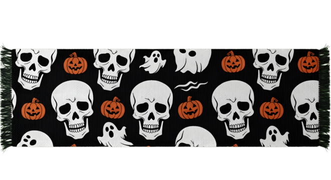 Spooky Halloween pattern featuring white skulls, orange jack-o'-lanterns, and playful ghosts on a textured black background with fringed edges
