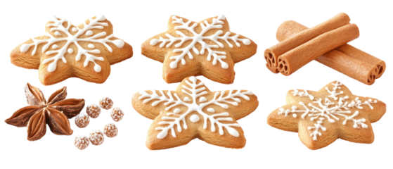 Close Up Assortment Of Gingerbread Cookies Cinnamon Sticks And Star Anise With White Icing On Transparent Background