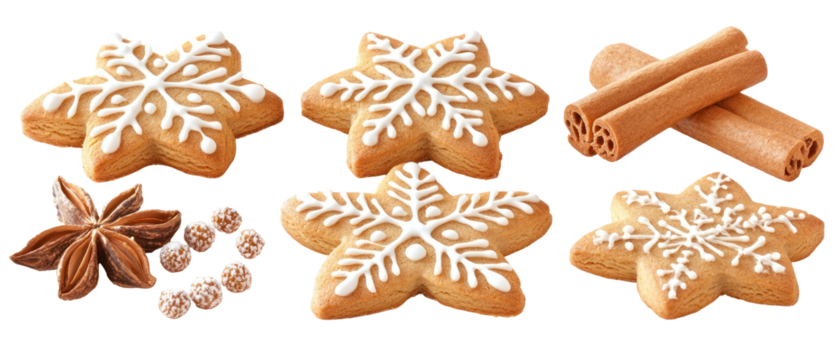 Close Up Assortment Of Gingerbread Cookies Cinnamon Sticks And Star Anise With White Icing On Transparent Background