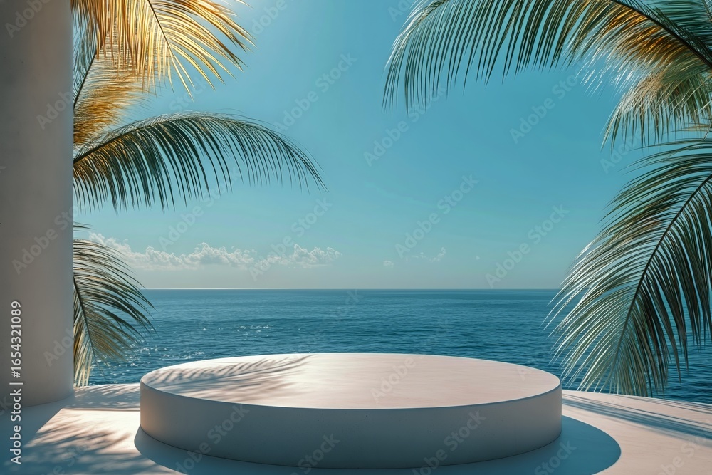 Aufkleber serene coastal view with a circular platform surrounded by palm trees and calm waters at sunset.