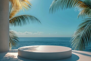 Fototapeta premium Serene Coastal View With a Circular Platform Surrounded by Palm Trees and Calm Waters at Sunset.