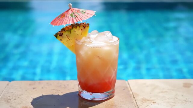 refreshing frosty tropical cocktail with pineapple slice and paper umbrella sits by clear blue pool. summer vacation vibes. beverage menu, travel, summertime leisure. luxury, refreshment, relaxation