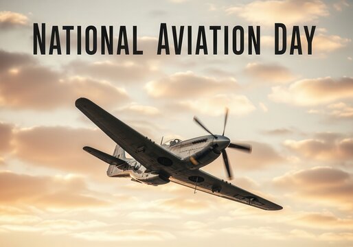 Vintage propeller airplane in flight during sunset with clouds for National Aviation Day