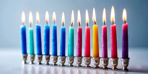 Colorful candles in a row, each lit with vibrant flames, showcasing a festive atmosphere, arranged on a silver menorah against a soft gradient background