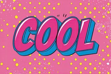 Pink and blue 3D "COOL" text on a pink background with yellow polka dots