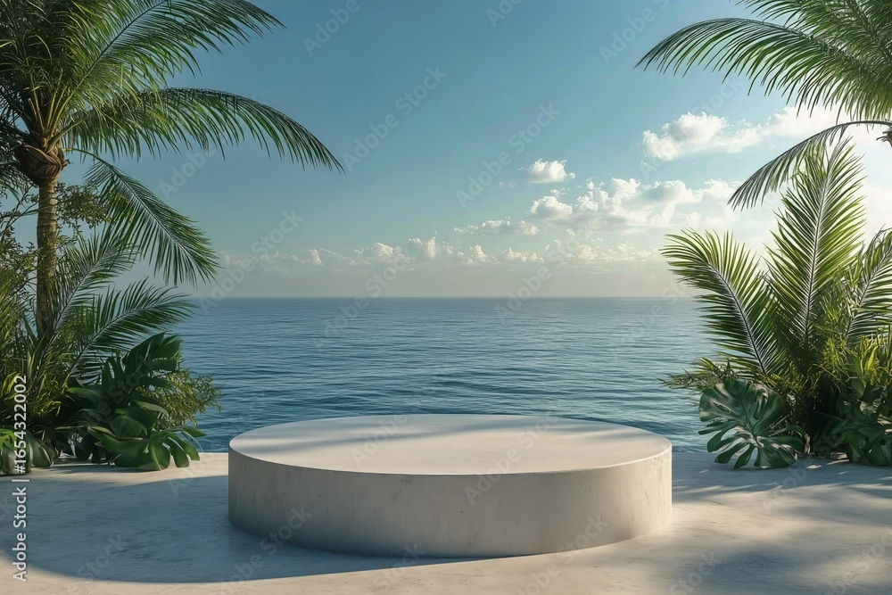 Poster serene coastal view with a circular platform surrounded by palm trees and calm waters at sunset