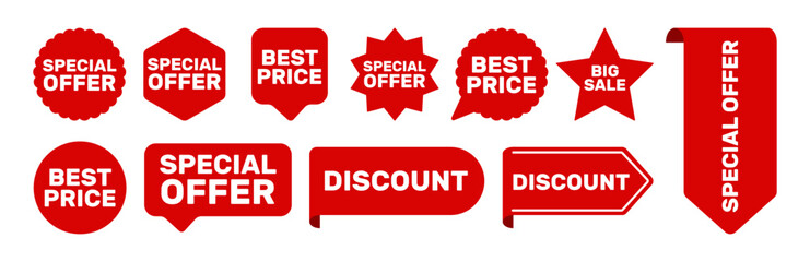 Set of new stickers, sale tags and labels. Shopping stickers and badges for merchandise and promotion, special offer, new collection, discount etc. Red stickers for web banners
