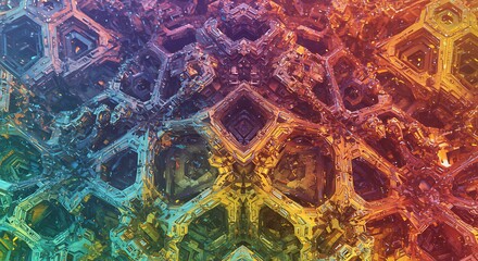 A detailed, multi-colored geometric and metallic design