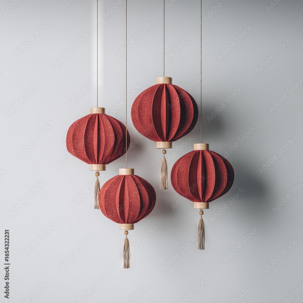 Poster four elegant red paper lanterns hanging from a white ceiling, showcasing intricate folds and tassels