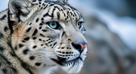 Majestic Snow Leopard Portrait with Blue Eyes in Snowy Night Landscape