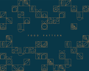 Hand drawn illustration. Organic fruit, vegetable, fish, seafood, apple, carrot, avocado, watermelon. Abstract geometric line background. Gold luxury  Healthy Food pattern