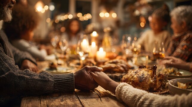Family holding hands around the table before the Thanksgiving meal, warm candlelight glow