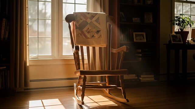 Sunlight streams into a living room with a wooden rocking chair and quilt